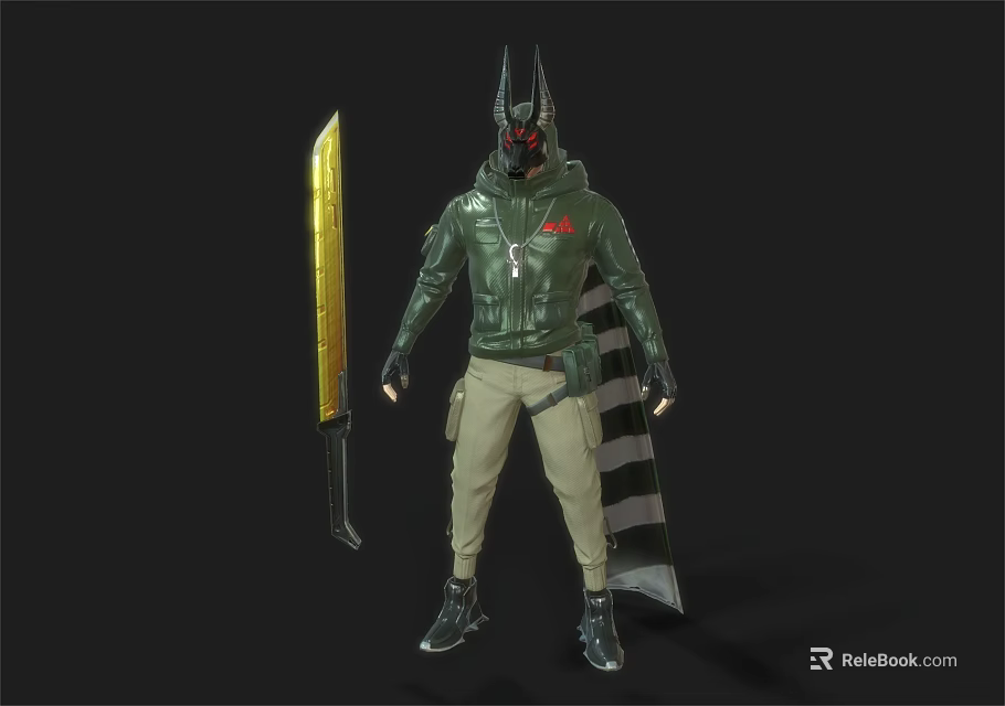 Horned Warrior In Green Jacket With Red Eyed Helmet Golden Longsword And Khaki Pants 3d model