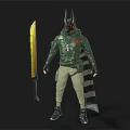 Horned Warrior In Green Jacket With Red Eyed Helmet Golden Longsword And Khaki Pants 3d model