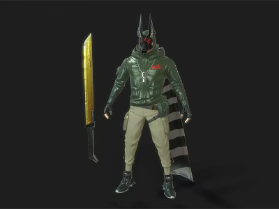 Horned Warrior In Green Jacket With Red Eyed Helmet Golden Longsword And Khaki Pants 3d model