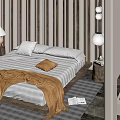 Cozy Double Bed with Striped Wall Table Lamp Brown Blanket and Fireplace
