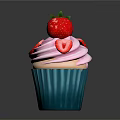 Delicious Cupcake With Pink Frosting Whole Strawberry And Sliced Strawberry On Teal Paper Cup