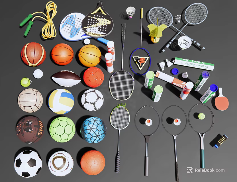 Essential Sports Equipment Collection Including Basketball Football Volleyball Rackets And Jump Ropes 3d model 
