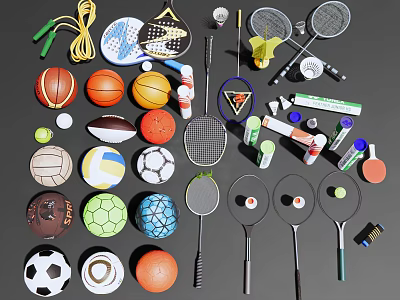 Essential Sports Equipment Collection Including Basketball Football Volleyball Rackets And Jump Ropes 3d model