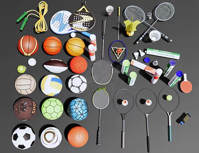 Essential Sports Equipment Collection Including Basketball Football Volleyball Rackets And Jump Ropes 3d model