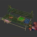 Green Wooden Garden Bench with Plant Pots Gardening Tools and Fresh Vegetables