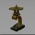 Traditional Japanese Stone Lantern With Moss Covered Top Ornate Carvings And Stone Base