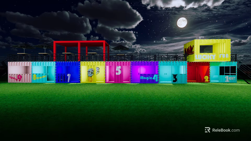 Outdoor Colorful Container Buildings With Night Sky Moon Clouds And Green Grass 3d model 