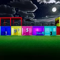 Outdoor Colorful Container Buildings With Night Sky Moon Clouds And Green Grass