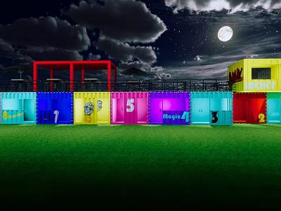 Outdoor Colorful Container Buildings With Night Sky Moon Clouds And Green Grass 3d model