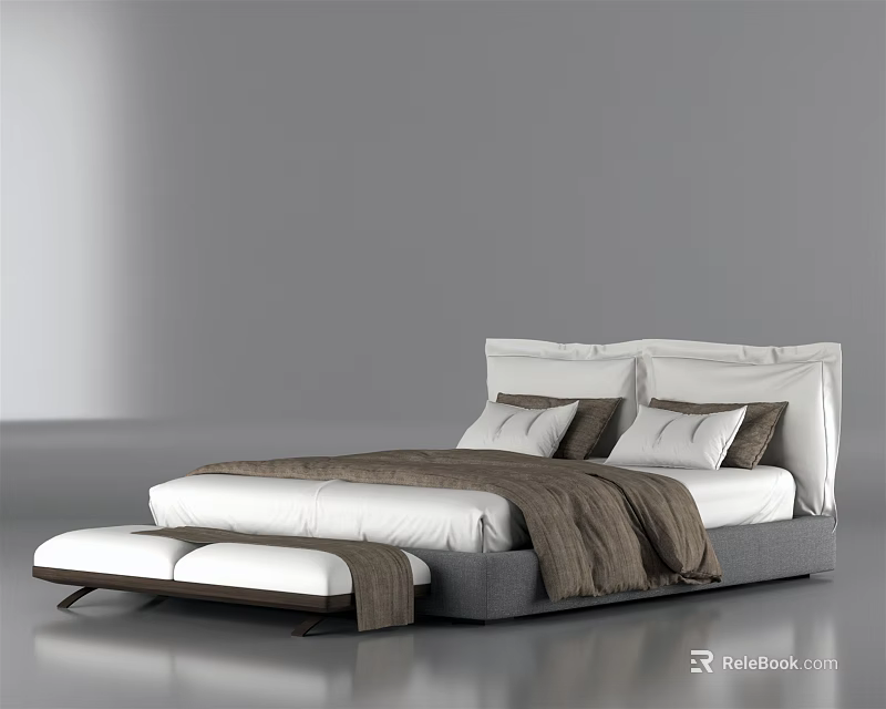 Modern Double Bed Design With White Brown Bedding Pillows And Ottoman 3d model