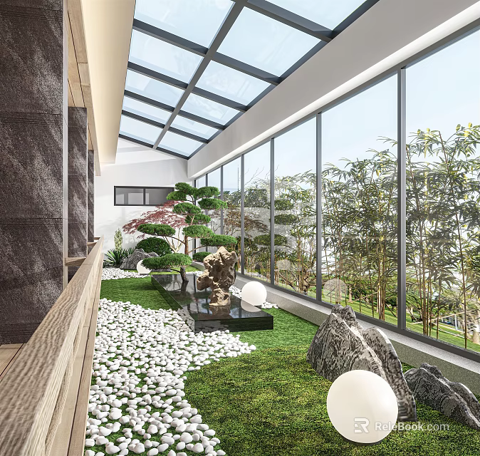 Villa Balcony With Glass Roof Large Windows Grass Pebbles Potted Trees Sculpture And Natural View 3d model 