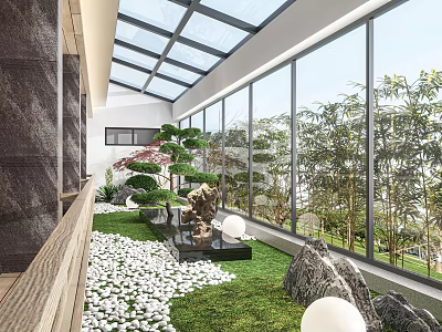 Villa Balcony With Glass Roof Large Windows Grass Pebbles Potted Trees Sculpture And Natural View 3d model