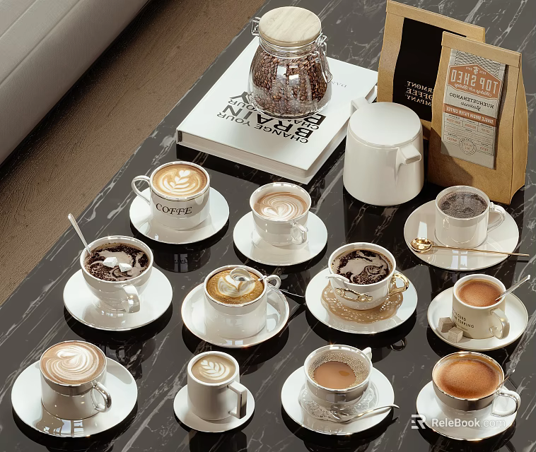 Coffee Tableware Set with Various Coffee Cups Saucers Coffee Beans Jar and Bag on Table 3d model 