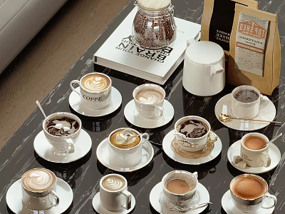 Coffee Tableware Set with Various Coffee Cups Saucers Coffee Beans Jar and Bag on Table 3d model