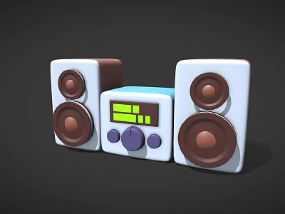 White Stereo Speaker System With Central Control Unit Digital Display And Brown Woofers 3d model