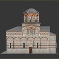 Traditional Church Building With Blue Dome Red Brick Walls Arched Windows And Steps