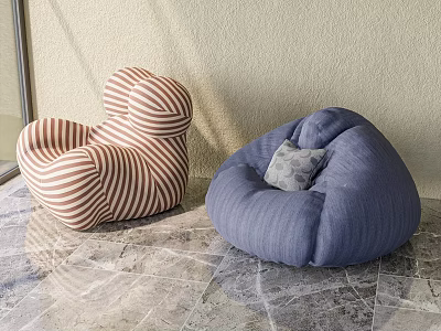 Single Sofas With Orange White Stripes Blue Bean Bag And Gray Cushion On Marble Floor 3d model