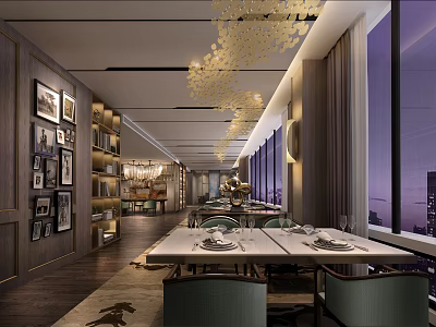Elegant Restaurant Interior Featuring Long Dining Table Chandeliers Framed Artworks And Night City View 3d model