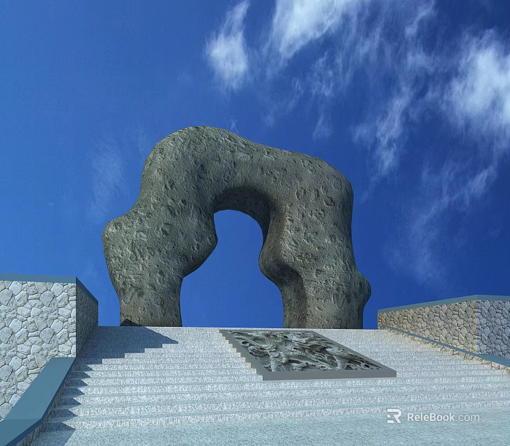 Stone Arch Entrance Gate With Carved Design On Stone Steps Under Blue Sky 3d model 