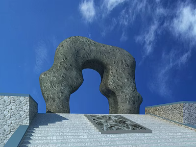 Stone Arch Entrance Gate With Carved Design On Stone Steps Under Blue Sky 3d model