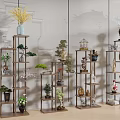 Wooden Multi Tiered Display Shelves With Small Garden Decor Miniature Bonsai And Potted Plants