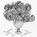 Cream Flowers with Green Leaves in Brown Glass Vase on Dark Table with Scattered Petals