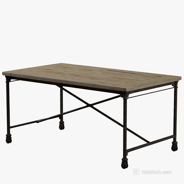 Wooden Tabletop With Black Metal Frame And Rolling Wheels For Multipurpose Use 3d model 