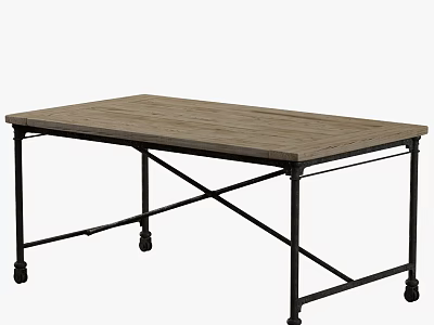 Wooden Tabletop With Black Metal Frame And Rolling Wheels For Multipurpose Use 3d model