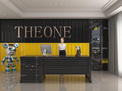 Modern Shop Front Desk With Black Yellow Wall THEONE Signage And Robot Decorations 3d model