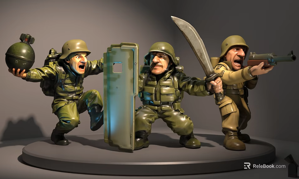 Military Action Soldier Dolls in Green Uniforms with Dynamic Poses Shield Knife and Gun 3d model 
