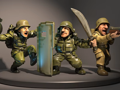 Military Action Soldier Dolls in Green Uniforms with Dynamic Poses Shield Knife and Gun 3d model