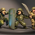 Military Action Soldier Dolls in Green Uniforms with Dynamic Poses Shield Knife and Gun