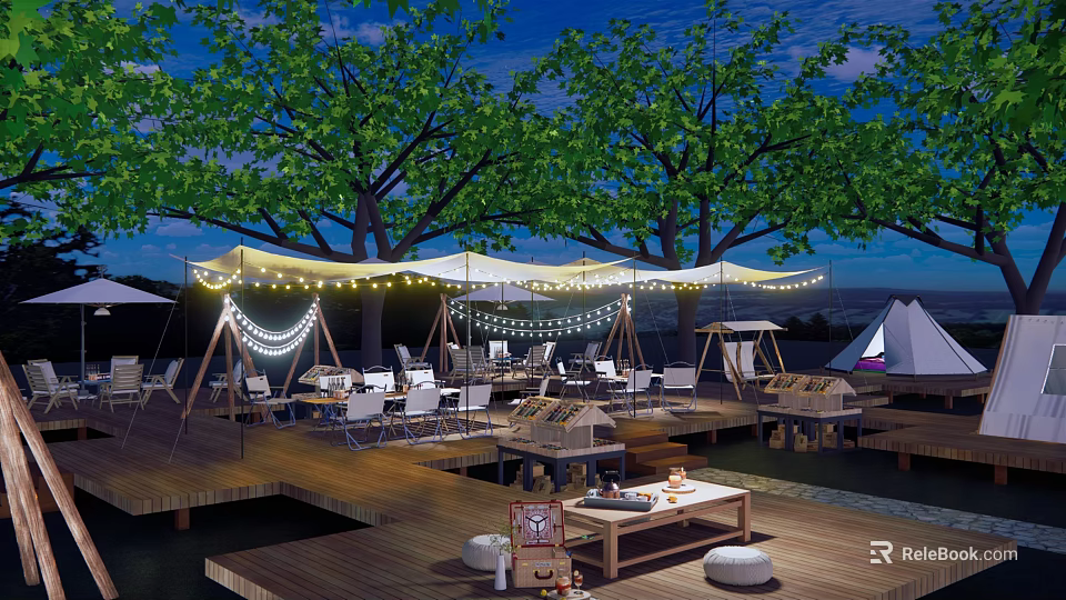Scenic Camping Site With Wooden Deck String Lights Trees And Tents At Night 3d model 