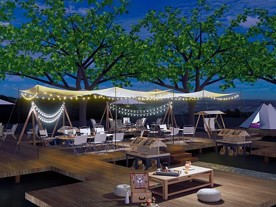 Scenic Camping Site With Wooden Deck String Lights Trees And Tents At Night 3d model