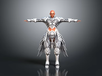 3D Warrior Character In Silver Intricate Armor With Winged Details And Outstretched Arms 3d model