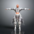 3D Warrior Character In Silver Intricate Armor With Winged Details And Outstretched Arms