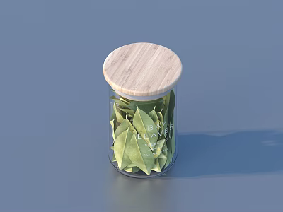 Clear Glass Storage Jar With Wooden Lid Holding Dried Bay Leaves 3d model