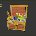 Open Golden Storage Chest Containing Gold Coins Blue Gems Red Handled Sword And Crown