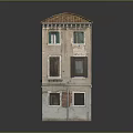 Historic Multi Story Building Exterior With Red Tile Roof Weathered Walls And Windows