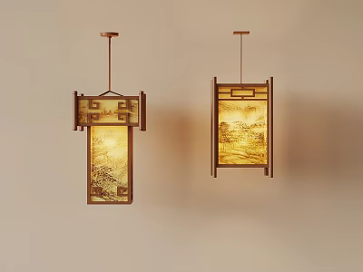Chinese Style Pendant Lights With Traditional Patterns Hanging On Light Colored Wall And Warm Lighting 3d model