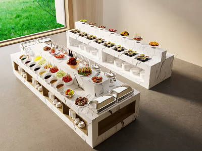 Buffet Tables With Marble Countertops And White Cabinets Display Various Foods By Green Lawn 3d model