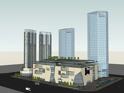 Modern Commercial Complex With High Rise Towers Glass Facade And Rooftop Greenery 3d model