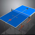 Blue Ping Pong Table Furniture With White Trim Red Legs Net Red Rackets And Balls