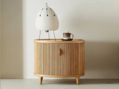 Minimalist Modern Wooden Nightstand With Ribbed Design And White Pendant Lamp 3d model