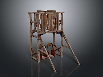 Wooden Support Structure With Ladder And Double Platforms Sturdy Design 3d model