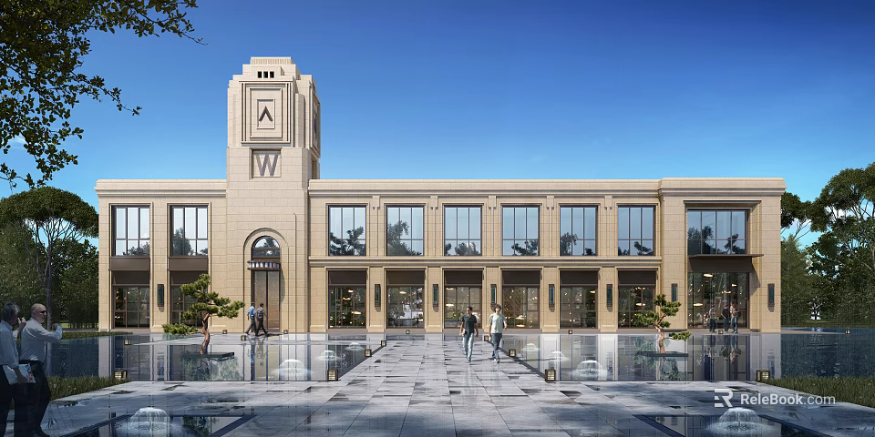 Classical Style Sales Office Building Featuring Tower Stone Facade Large Glass Windows And Pedestrian Plaza 3d model 