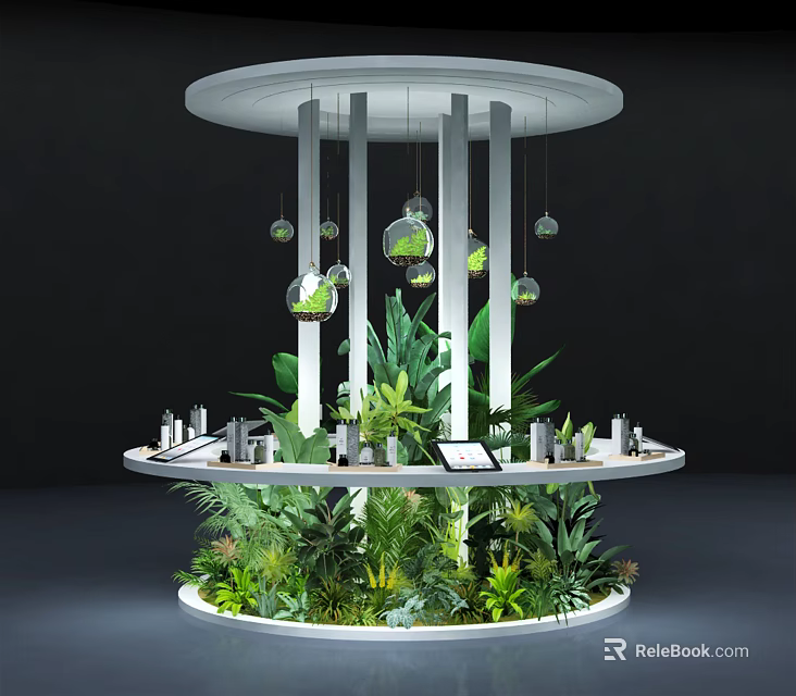 Elegant Circular Plant Display With Hanging Glass Orbs White Columns And Layered Greenery 3d model 
