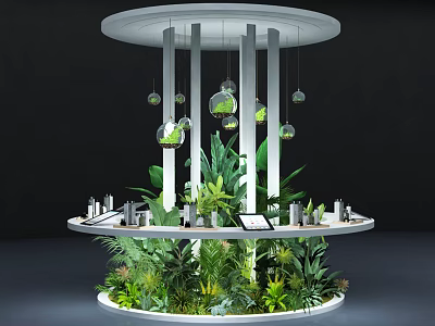 Elegant Circular Plant Display With Hanging Glass Orbs White Columns And Layered Greenery 3d model