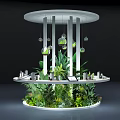 Elegant Circular Plant Display With Hanging Glass Orbs White Columns And Layered Greenery