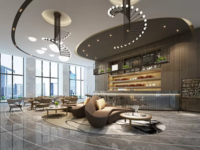 Modern Café with Open Layout Large Windows City View Cozy Sofas and Chandeliers 3d model